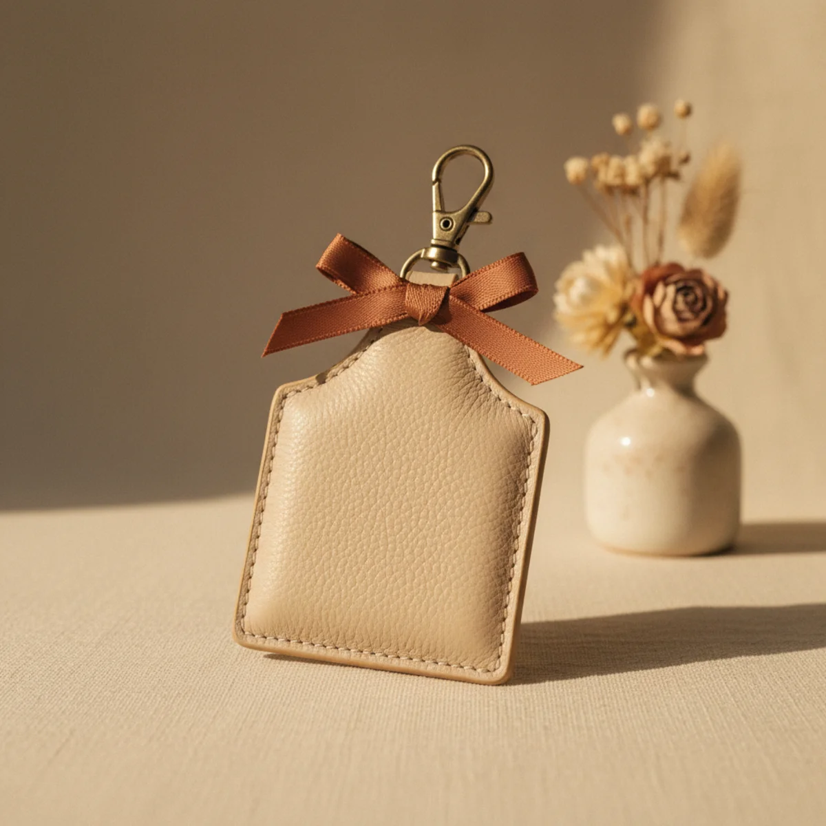Flat-lay of a small leather or acrylic personalised initial keyring charm on a warm cream surface beside a small satin ribbon