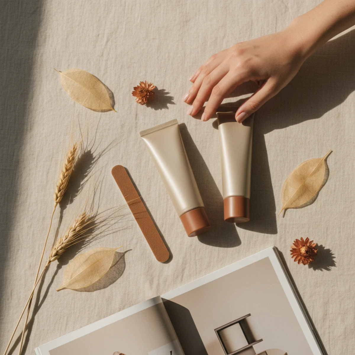 Flat-lay of two elegant hand cream tubes with a small nail file beside them on a warm linen surface with dried botanicals