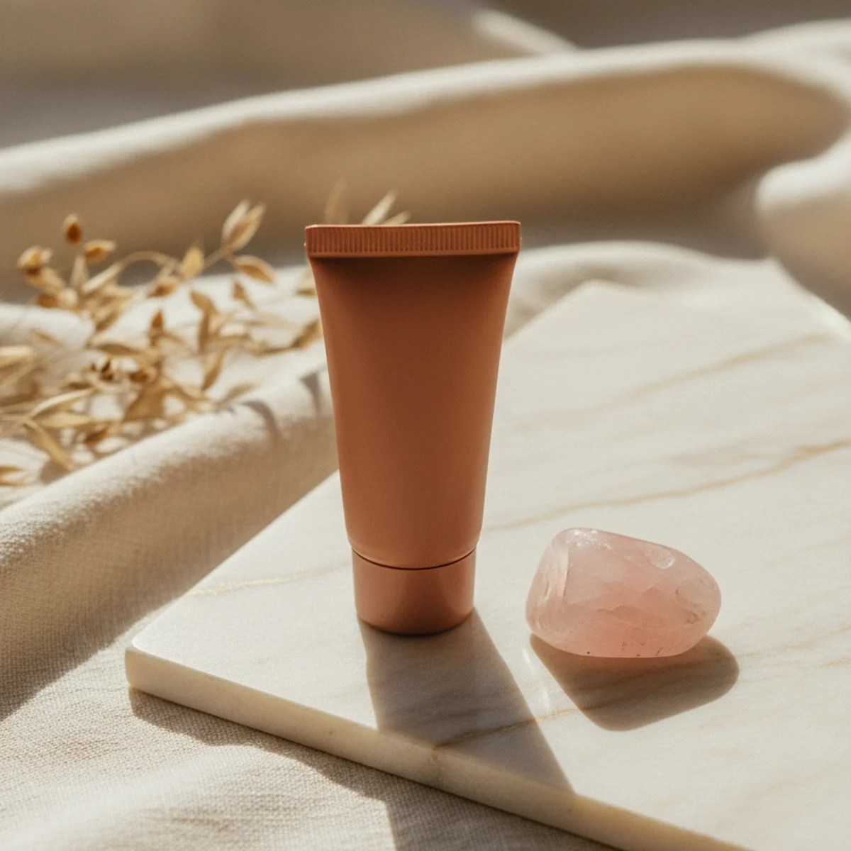 Flat-lay of four small clay and gel face mask tubes or sachets arranged on a marble tile with a rose quartz stone beside them