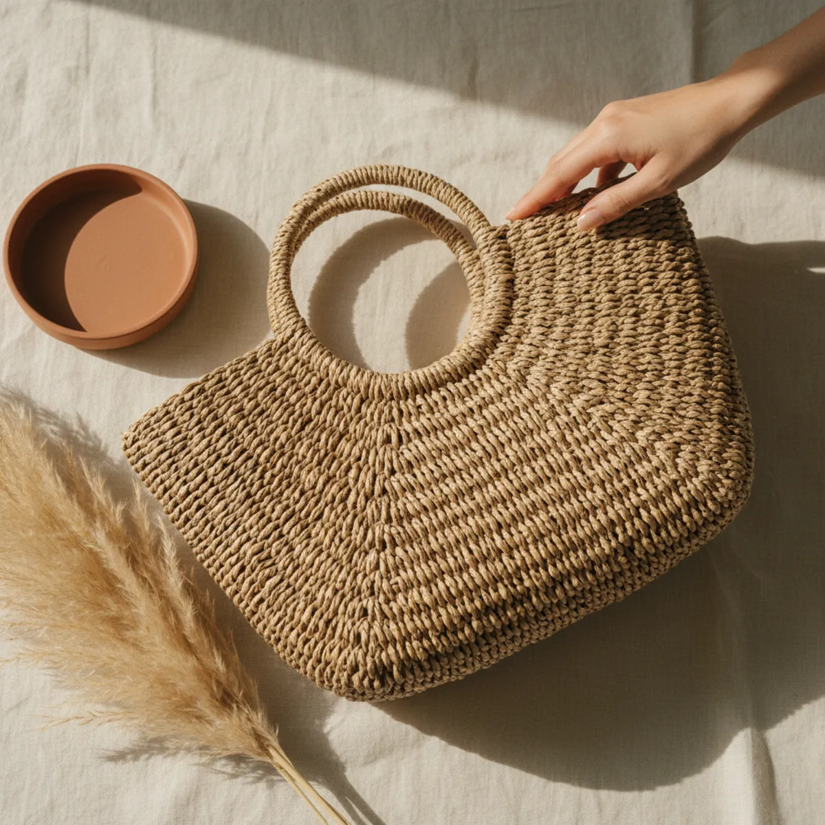 Flat-lay of a natural woven straw or rattan market tote bag on a warm cream linen surface beside a dried pampas stem
