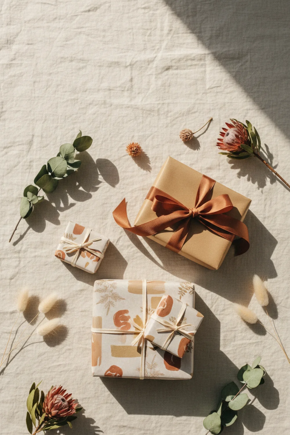 Flat-lay of a small candle, gold earrings and a silk scrunchie arranged on a warm cream linen background, no logos