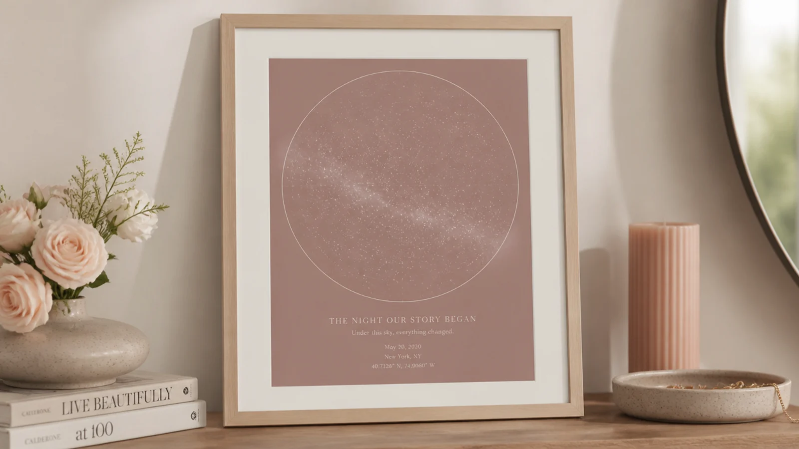 Framed custom star map print showing the night sky on a specific date, propped on a wooden shelf