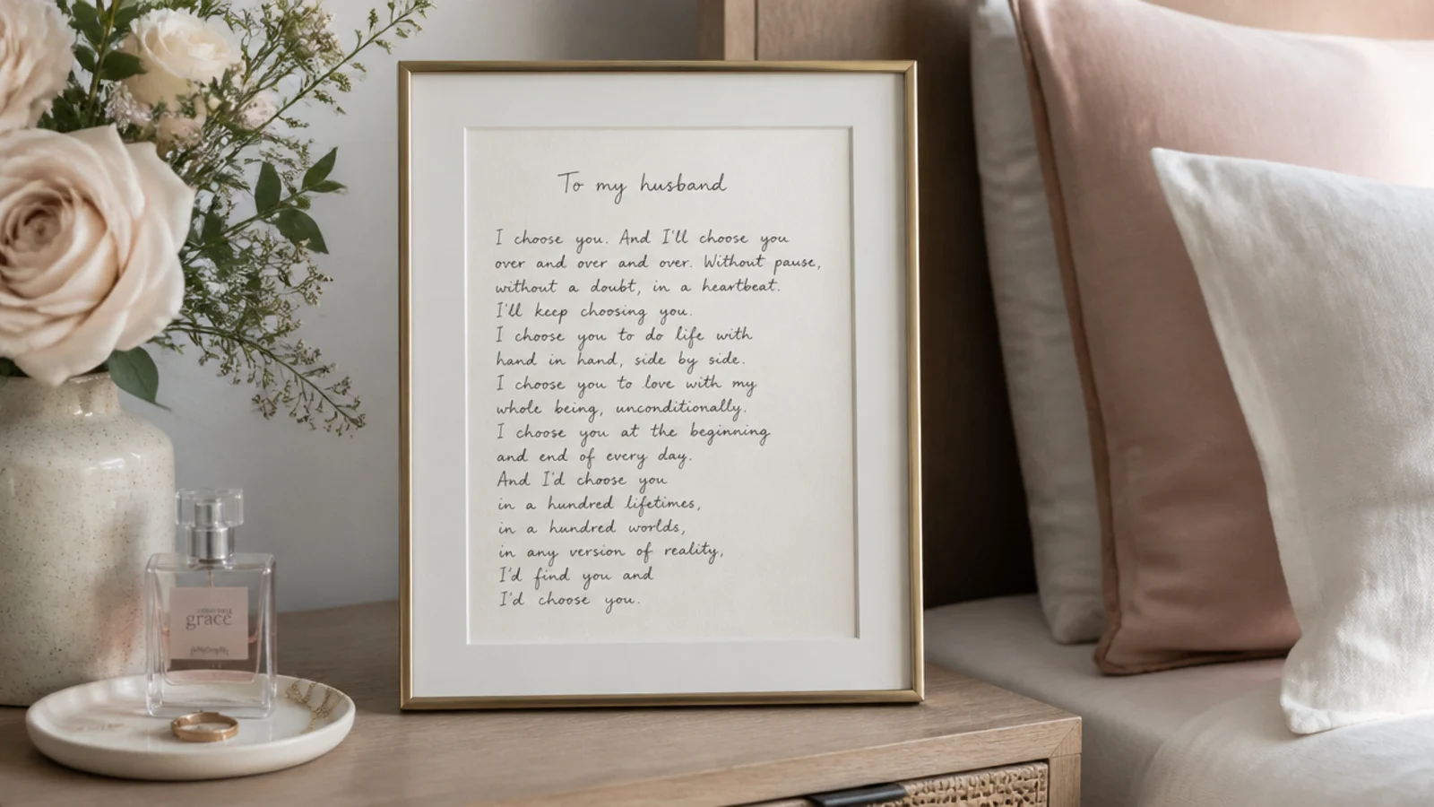 Framed print of handwritten wedding vows in dark ink on cream paper, styled on a bedside table