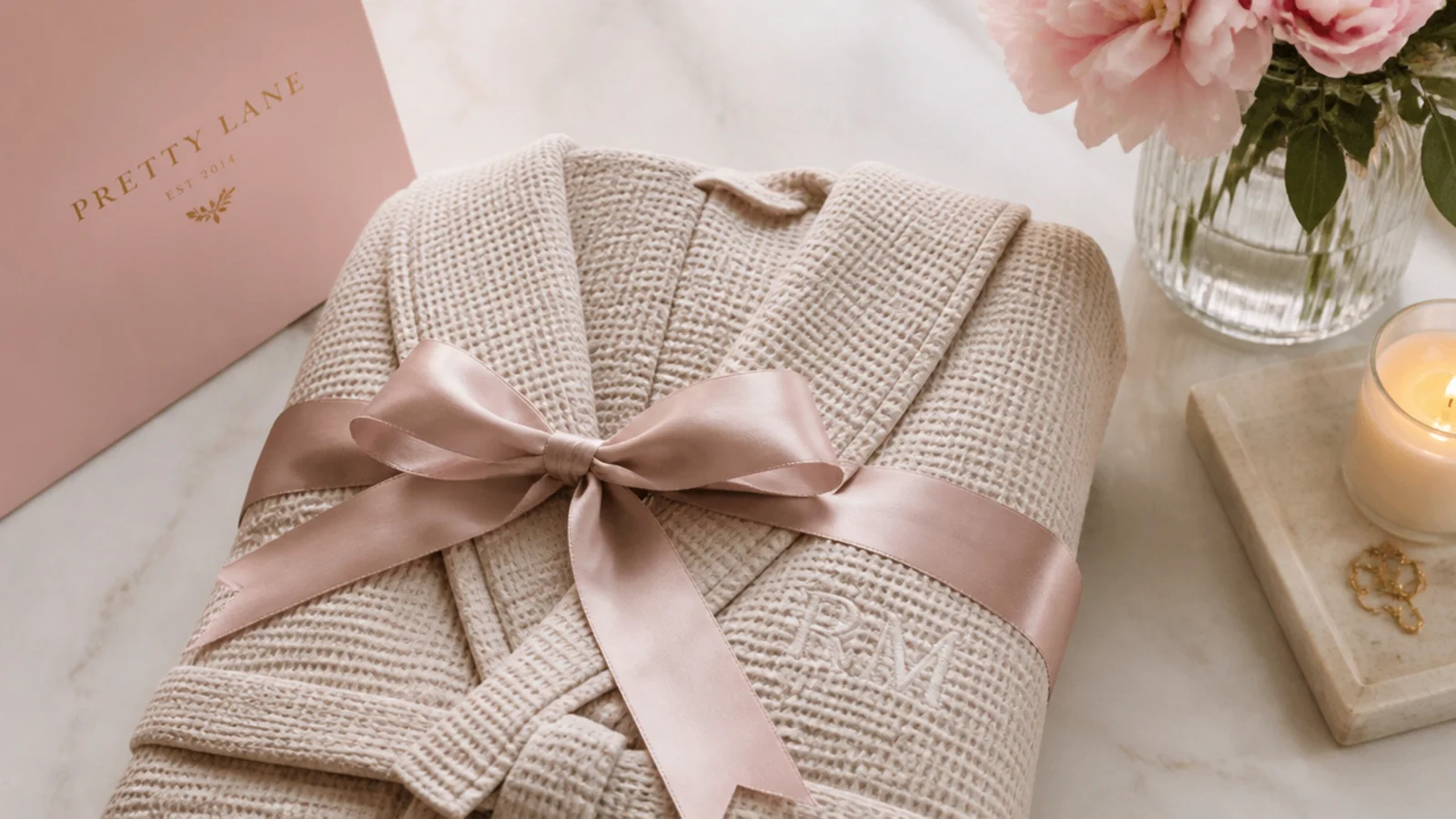 Folded waffle cotton robe in soft oat with an embroidered monogram, tied with a satin ribbon
