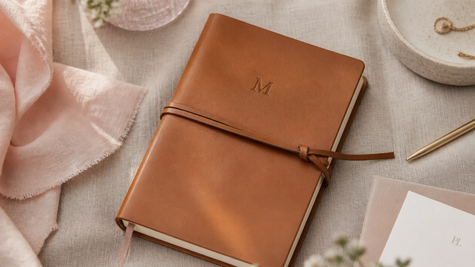 Tan full-grain leather journal with a discreet embossed initial, resting on a linen surface