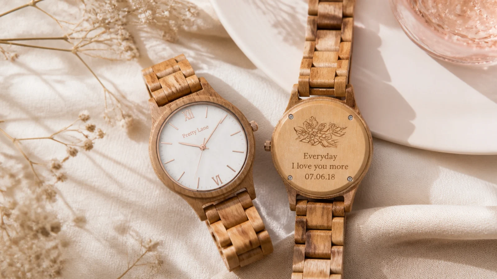 Slim wooden-cased wristwatch with a pale dial and an engraved caseback, shown on cream fabric