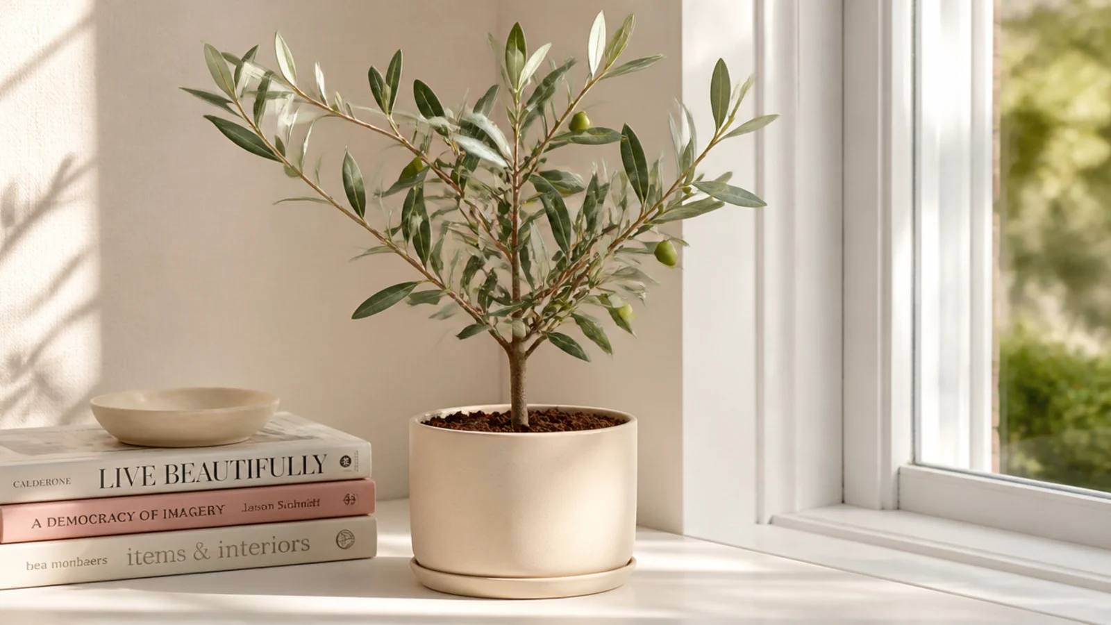 Small potted olive tree in a matte cream ceramic pot on a sunlit windowsill