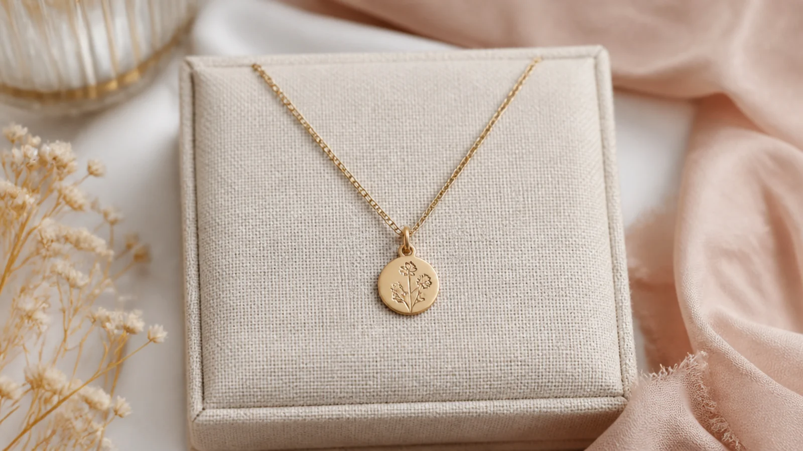 Delicate gold necklace with a small engraved birth-flower pendant on a linen jewelry pad
