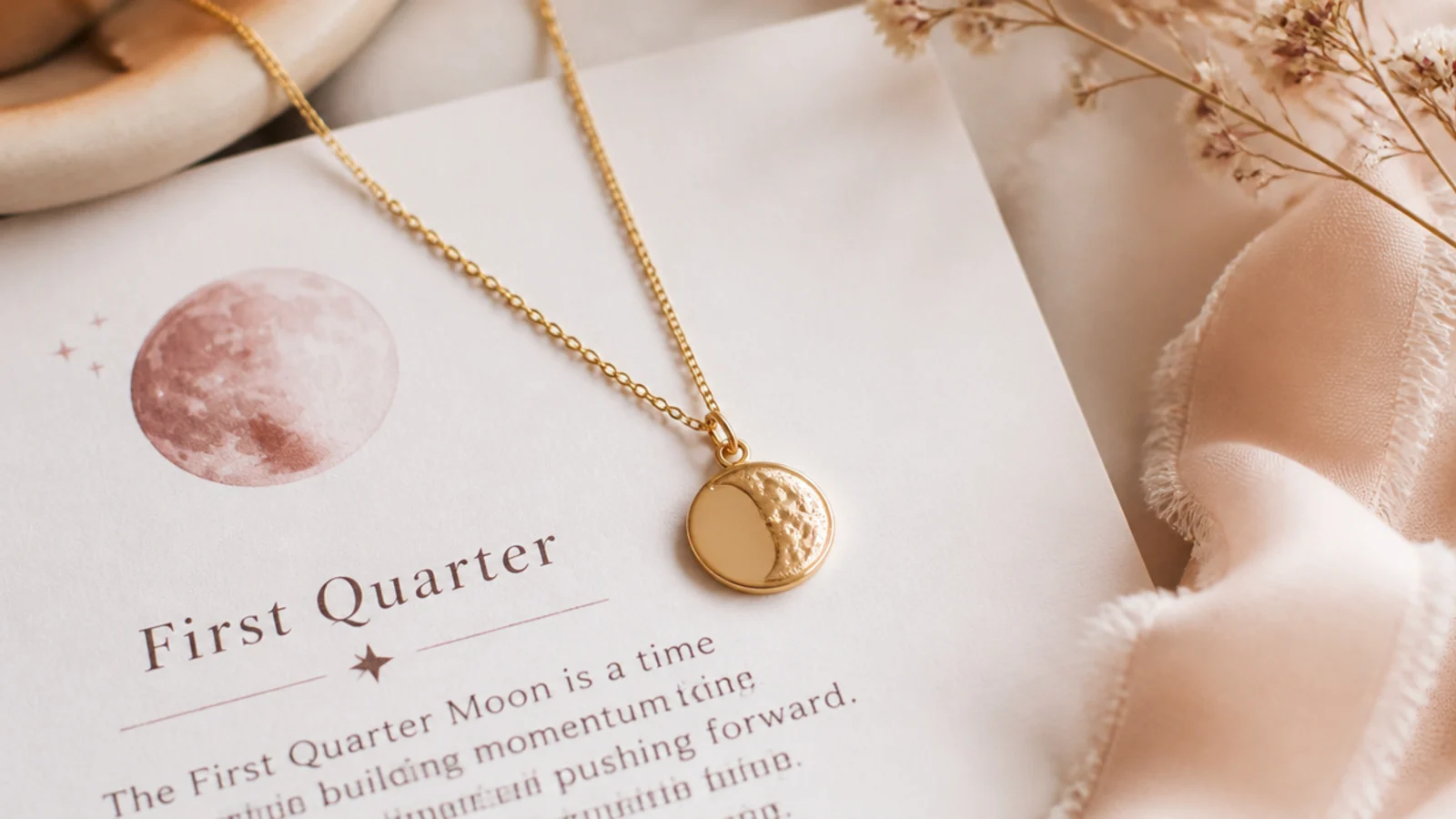 Gold moon phase necklace showing a specific lunar phase on a fine chain, styled on cream paper