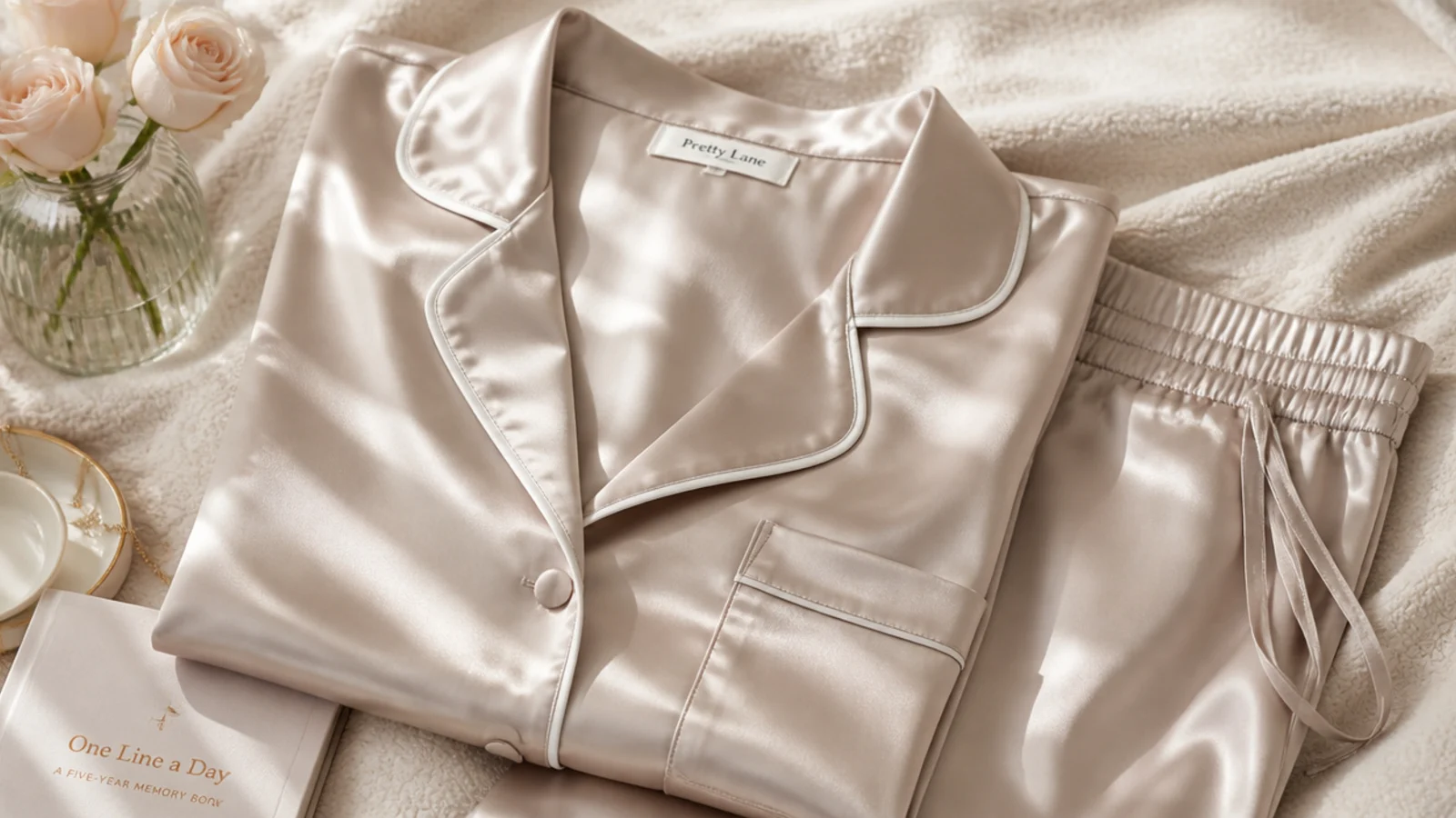 Champagne silk pajama set with piped edges, folded neatly on a soft cream blanket