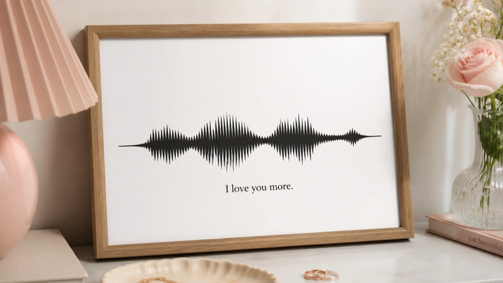 Framed minimalist soundwave art print in black on white with a short line of text beneath