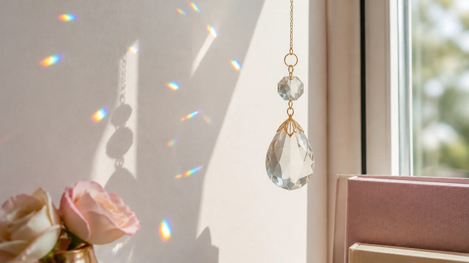 Faceted crystal sun-catcher hanging in a window scattering small rainbows across a pale wall