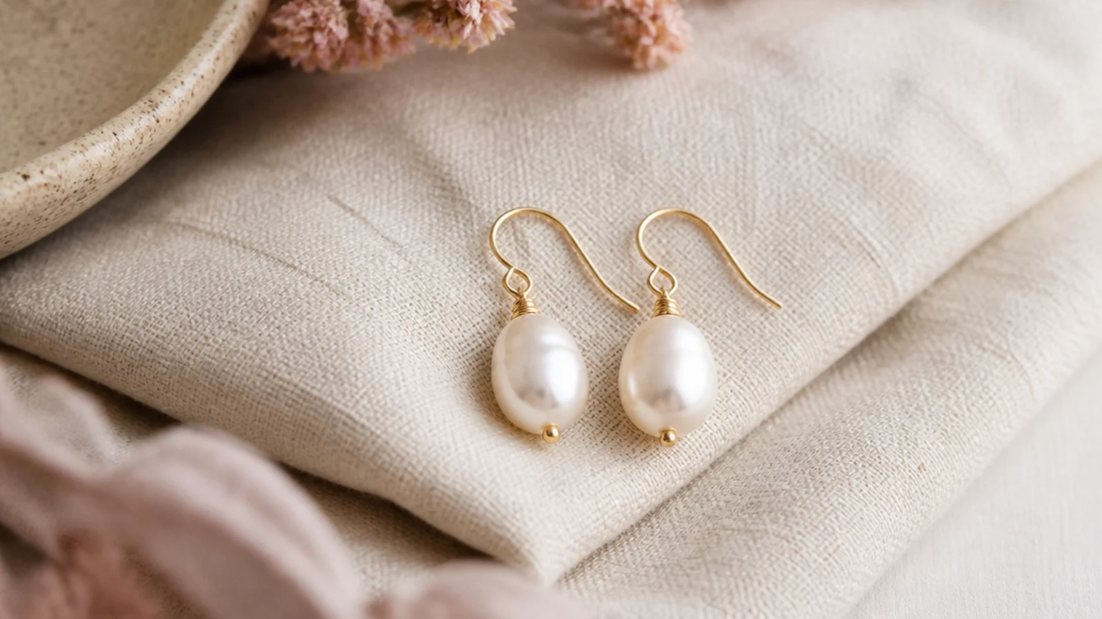 Pair of freshwater pearl drop earrings on gold hooks displayed on a folded linen cloth