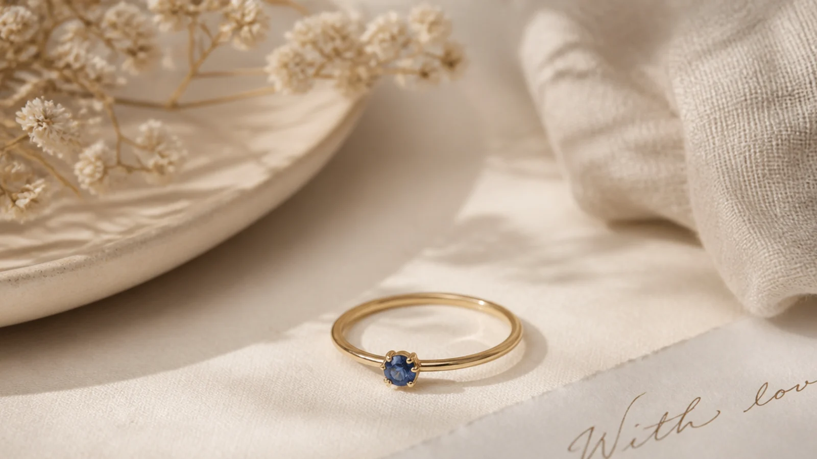 Slim gold ring set with a small blue sapphire, photographed on a soft cream surface