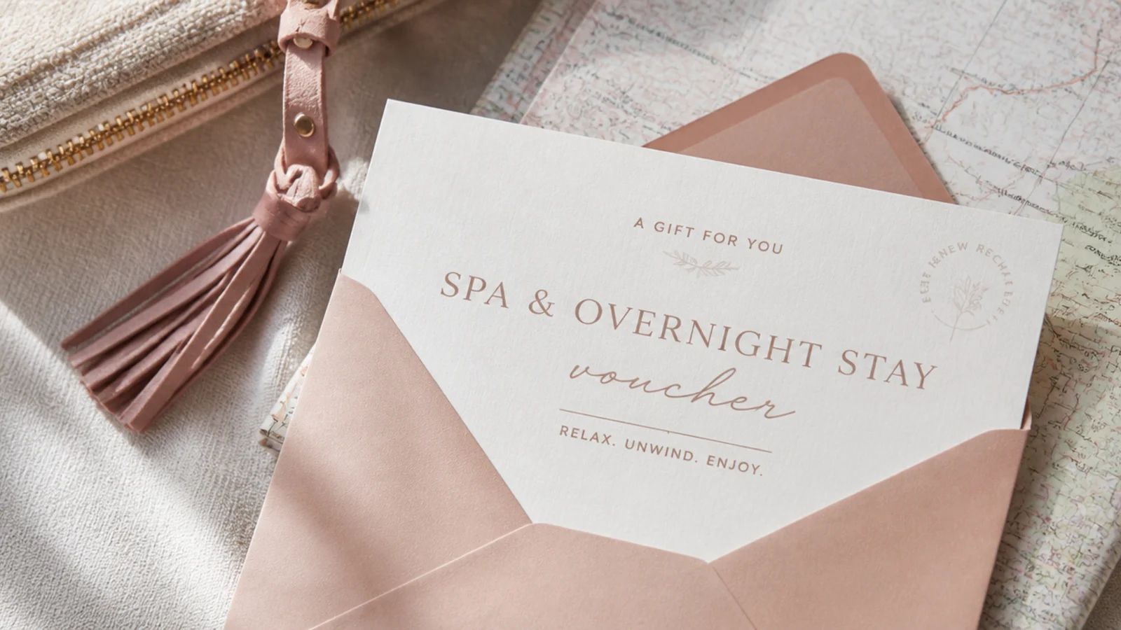 Printed spa and overnight-stay voucher tucked into an envelope beside a folded map