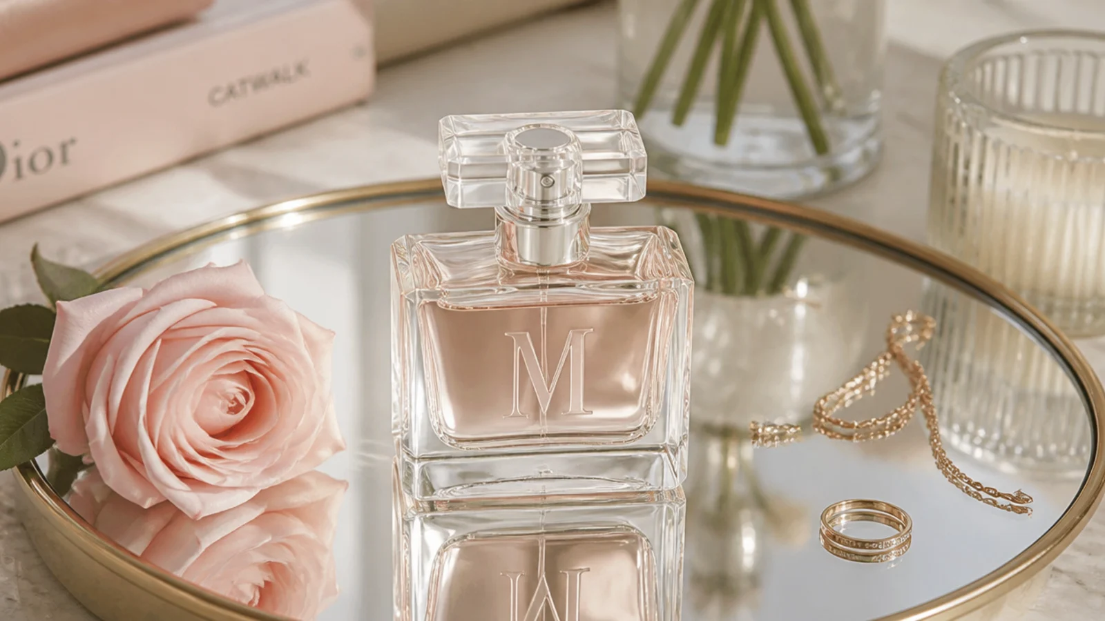 Glass perfume bottle with an engraved initial catching light on a mirrored tray