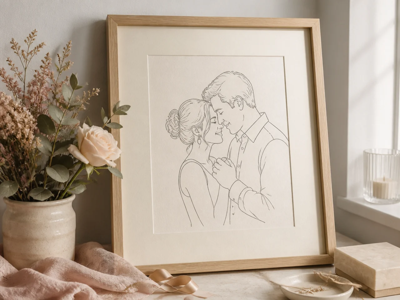 Framed minimalist line-art portrait of a couple in muted ink tones on cream paper
