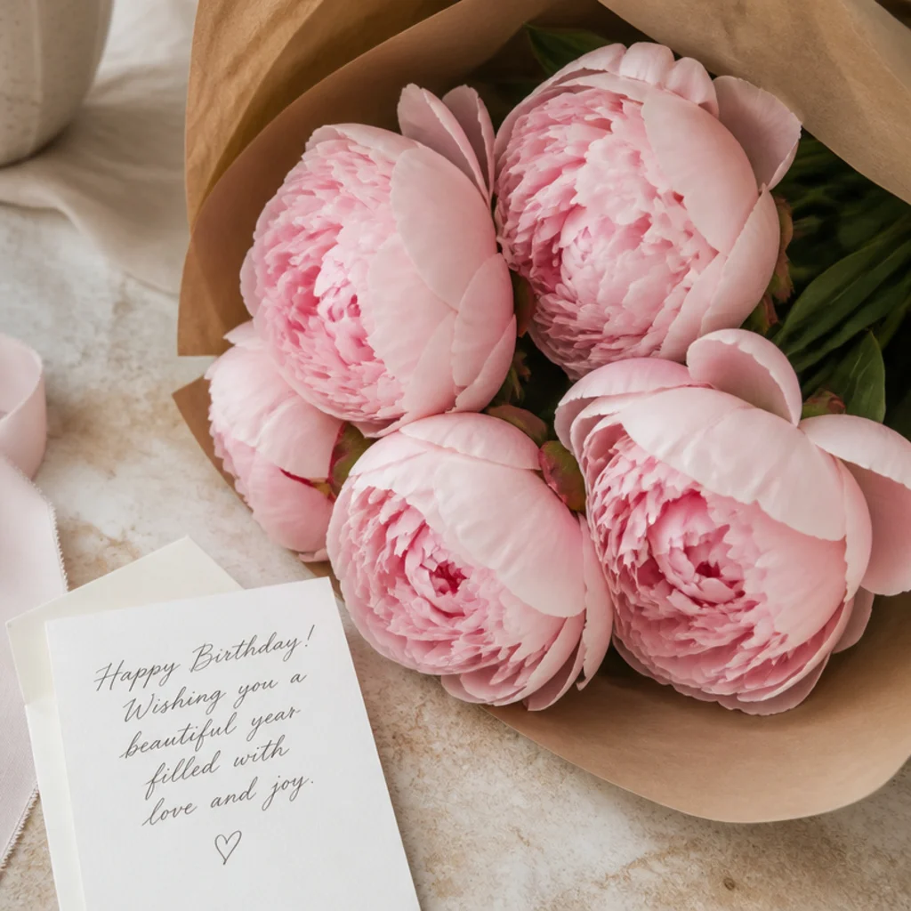 Lush blush peony bouquet wrapped in kraft paper beside a handwritten card on a table