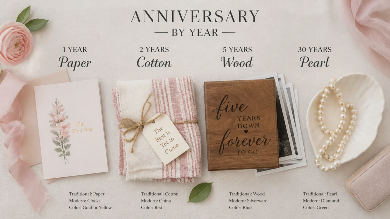 Chart-style flat-lay showing anniversary materials by year including paper, cotton, wood and pearl