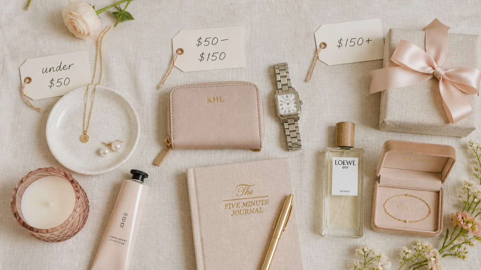 Flat-lay of anniversary gifts grouped by price with small handwritten budget tags on linen