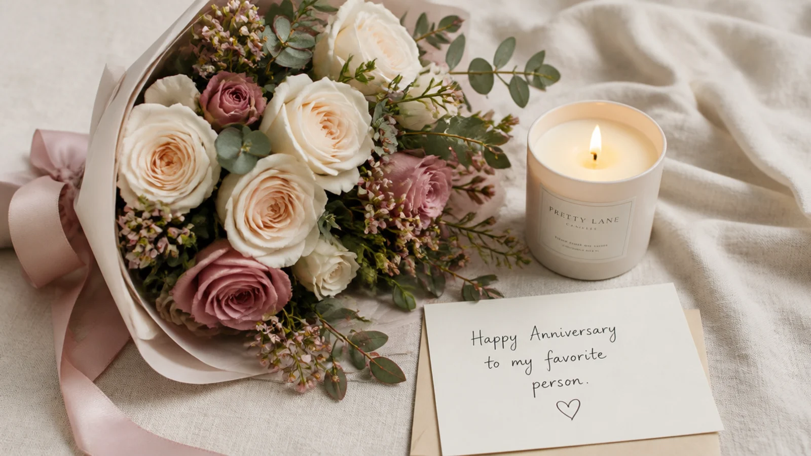 Same-day flowers, a candle and a handwritten card arranged as a quick anniversary gift on linen