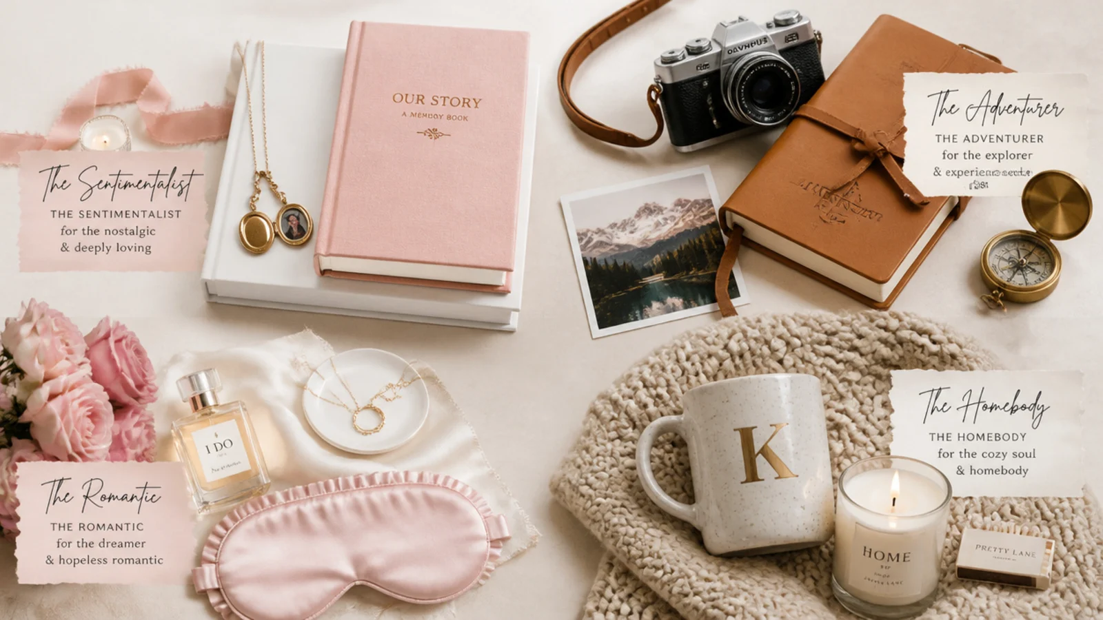 Four small anniversary gift vignettes grouped by personality type on a neutral flat-lay