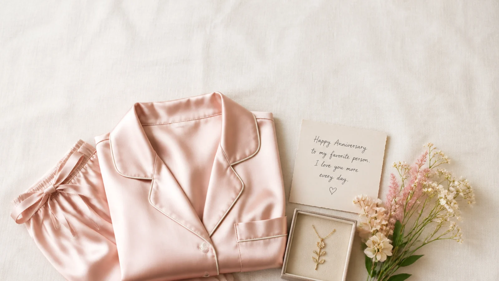 Flat-lay of an anniversary gift for her with a birth flower necklace, silk pajamas and a handwritten card on cream linen, no logos