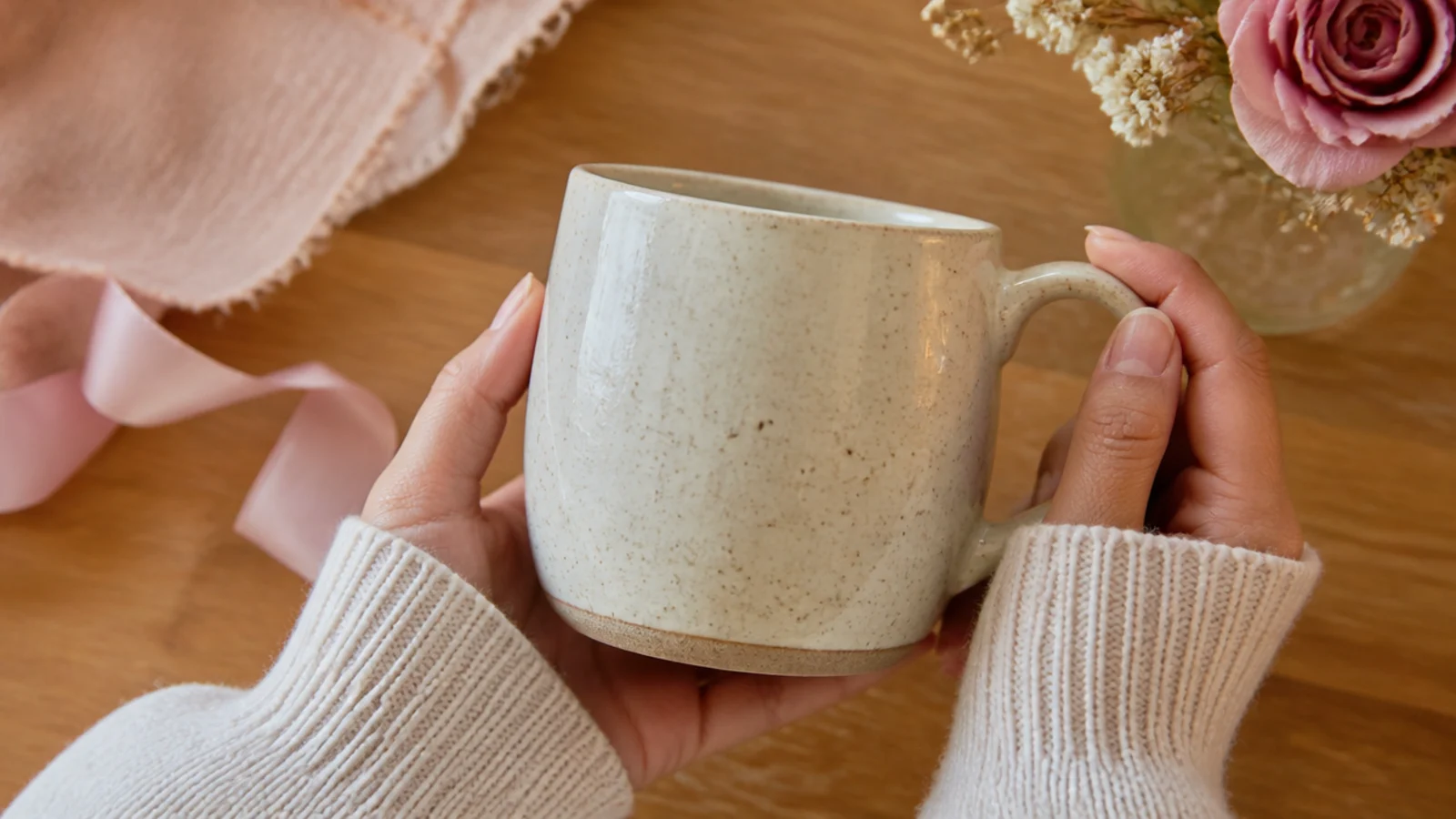 Faceless shot of a speckled stoneware mug in oatmeal glaze held over a wooden table