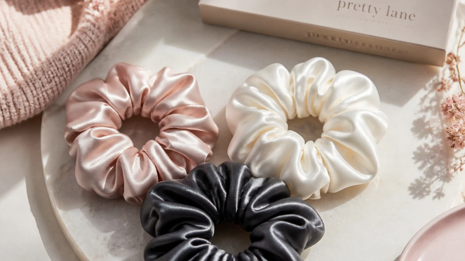 Faceless flat-lay of three mulberry silk scrunchies in blush, ivory and charcoal