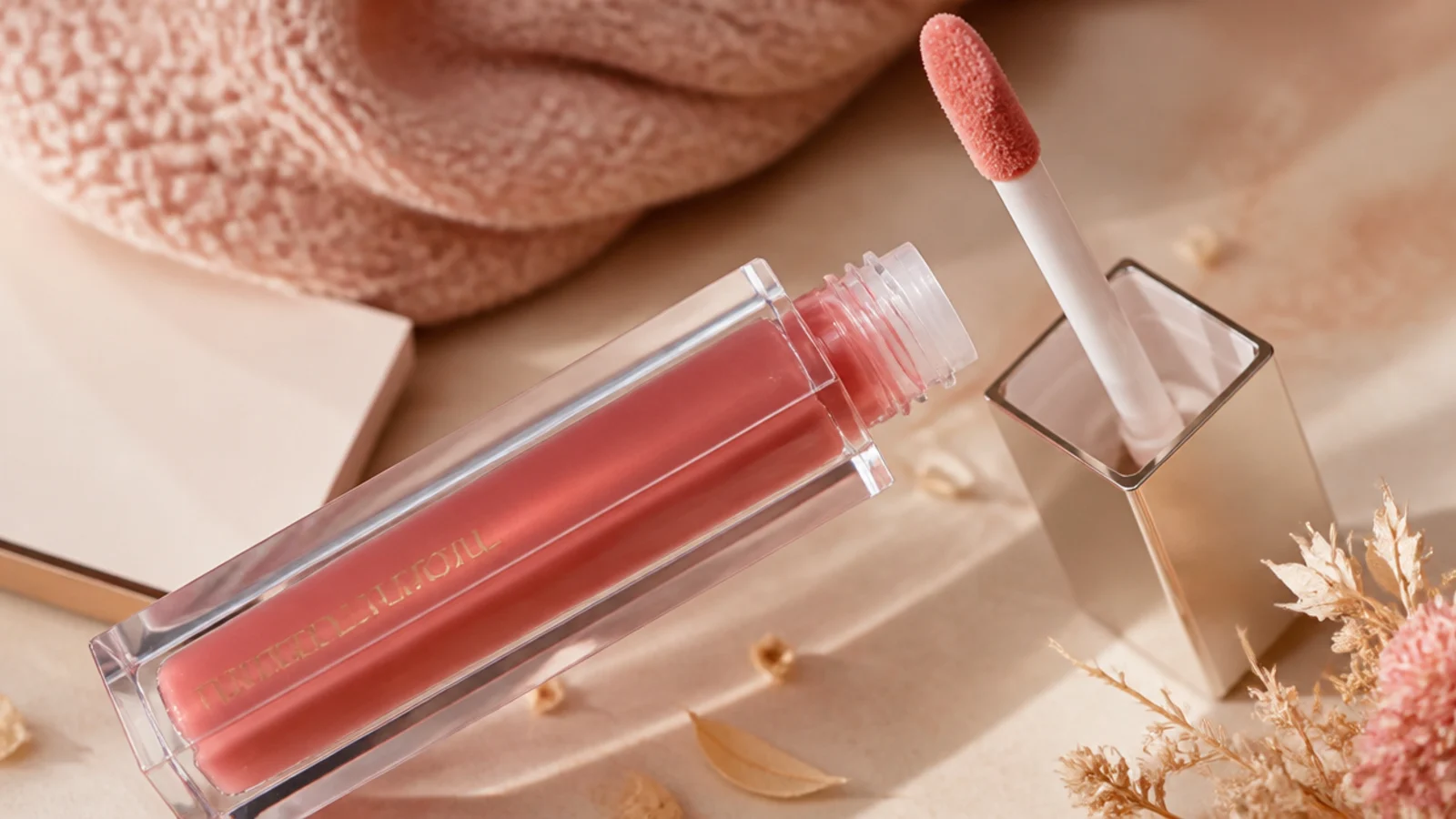 Faceless close-up of a clear tinted lip oil wand in a soft rose shade
