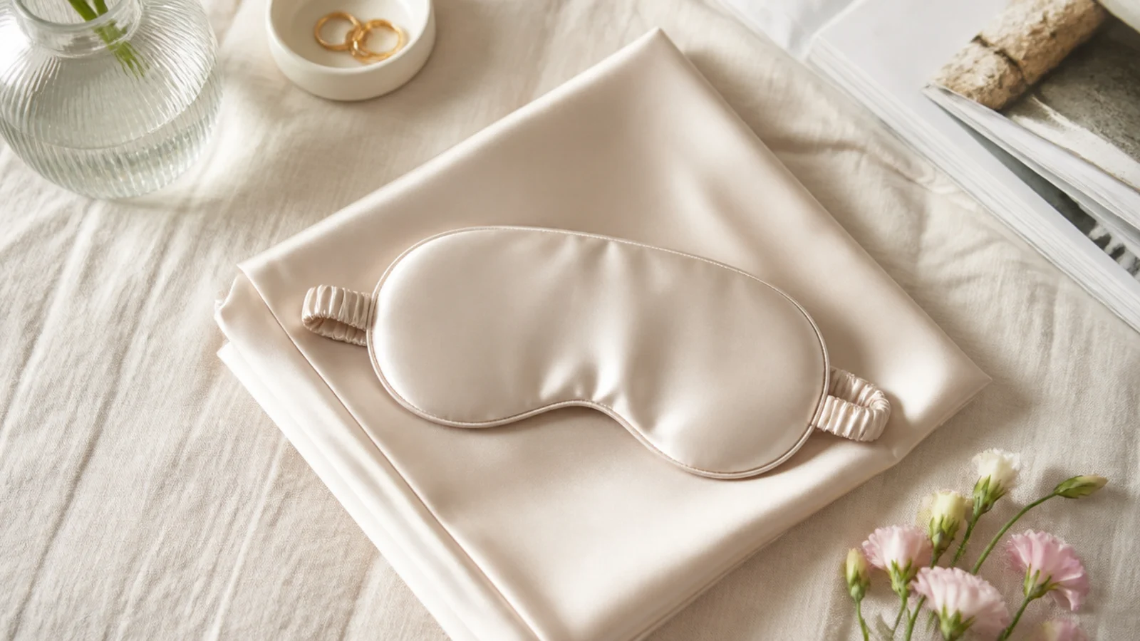 Faceless flat-lay of a silk sleep mask and folded silk pillowcase in soft champagne
