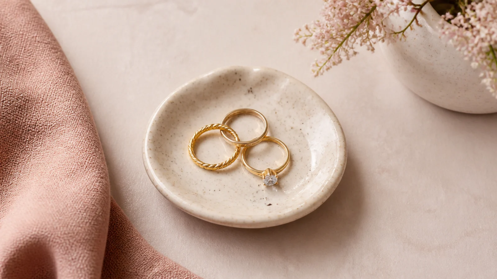Faceless overhead shot of a small handmade ceramic ring dish in speckled cream holding gold rings
