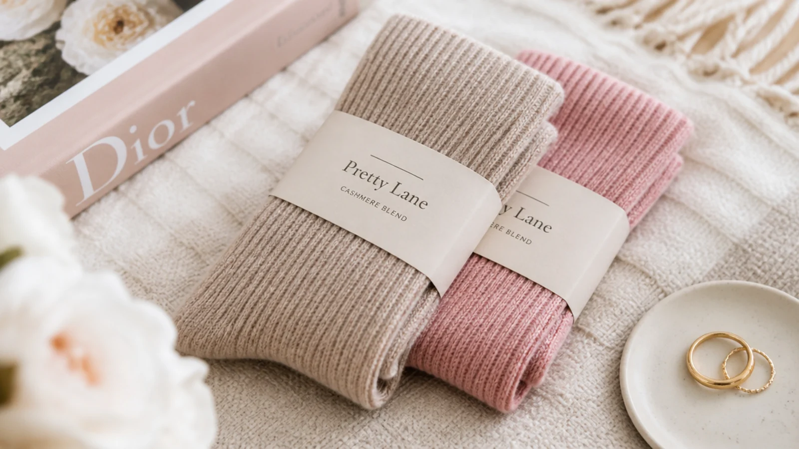 Faceless flat-lay of folded ribbed cashmere-blend socks in oatmeal and dusty rose