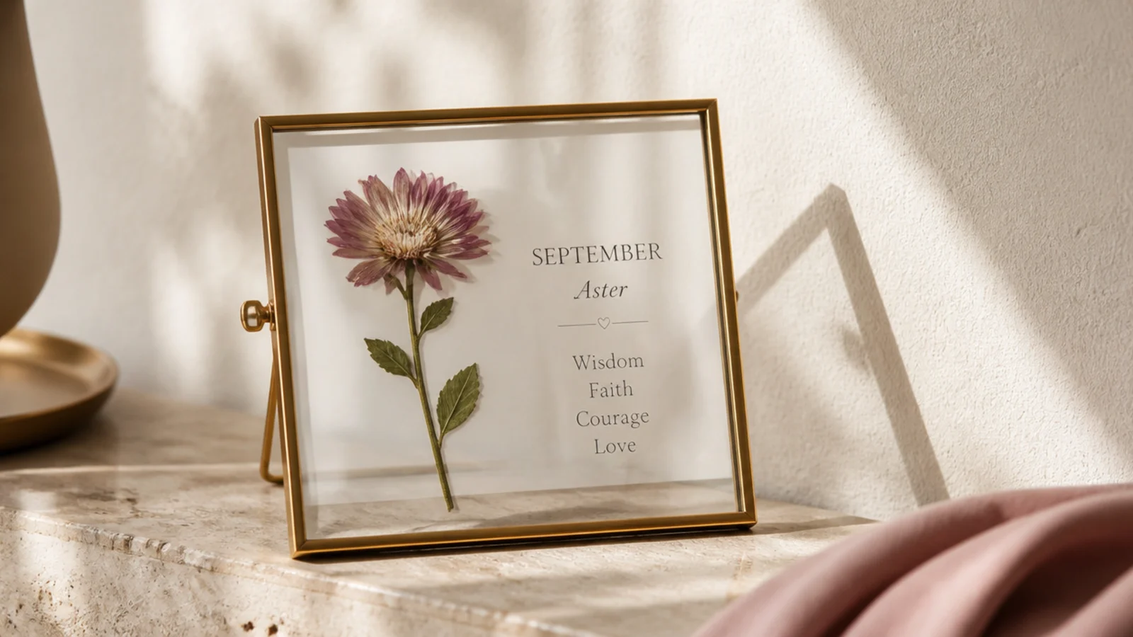 Faceless shot of a small glass frame holding a pressed birth-month flower against a wall
