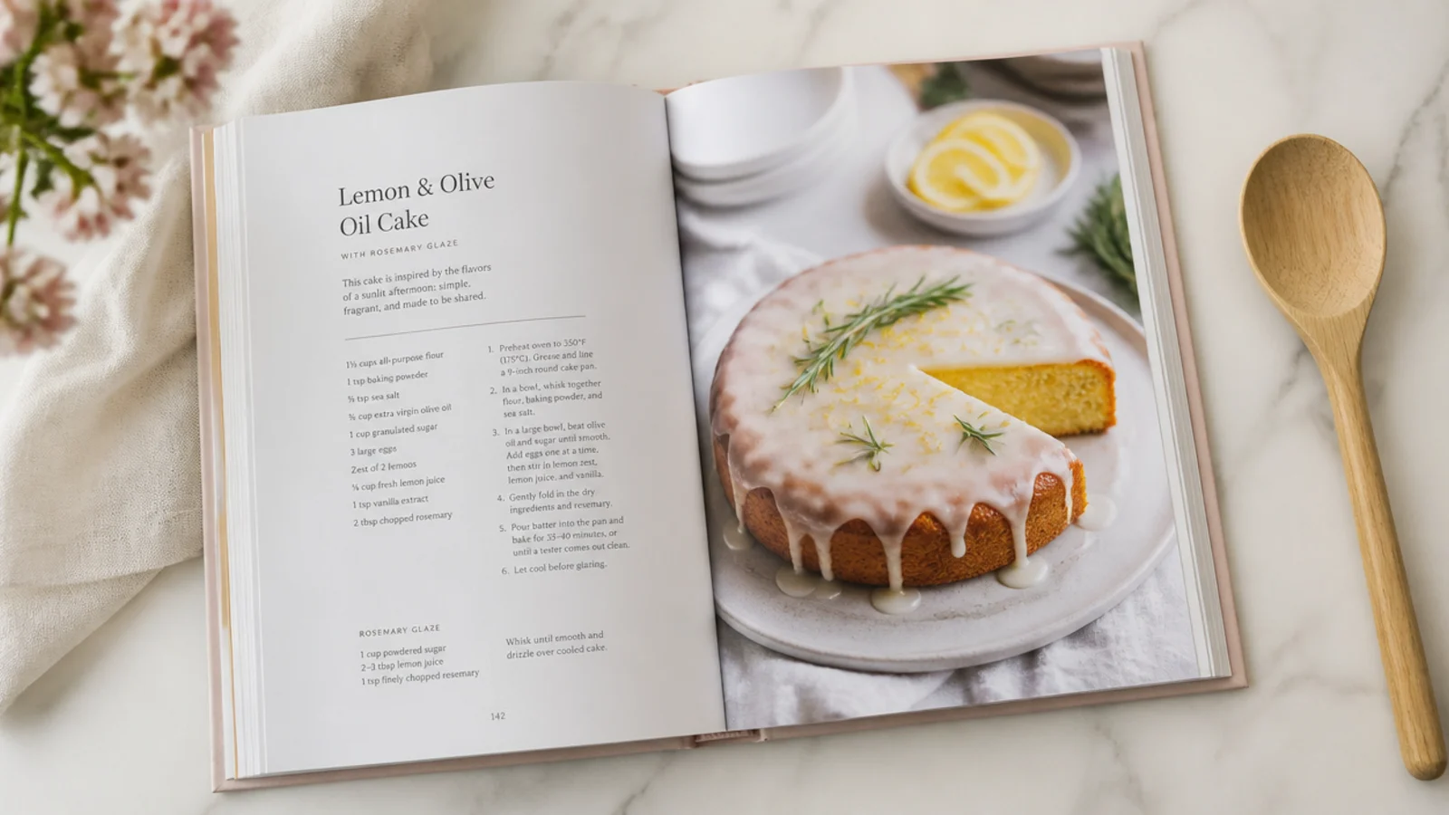 Faceless overhead shot of an open hardback cookbook on a marble counter beside a wooden spoon