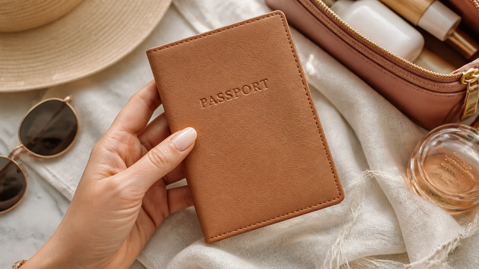 Faceless close-up of a tan full-grain leather passport holder held in one hand