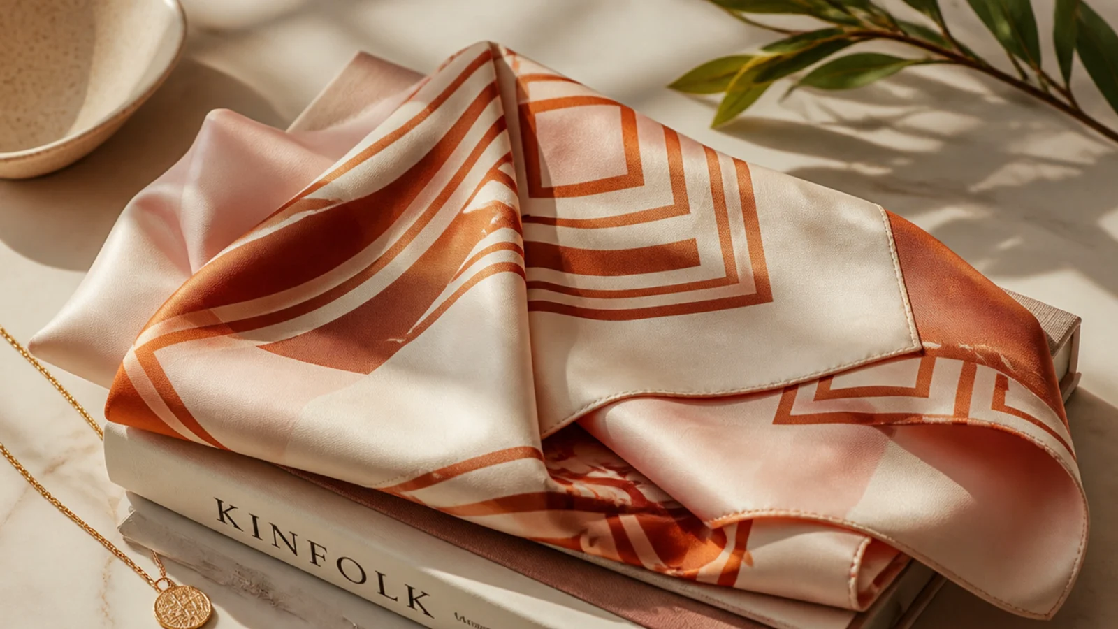 Faceless shot of a folded large silk scarf with a soft geometric print in cream and rust