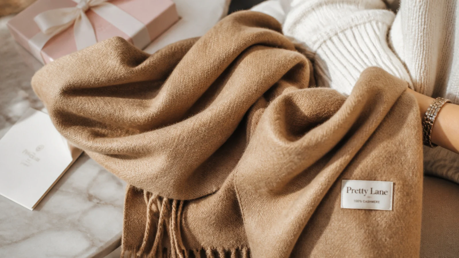 Faceless shot of an oversized folded cashmere scarf in camel draped over an arm