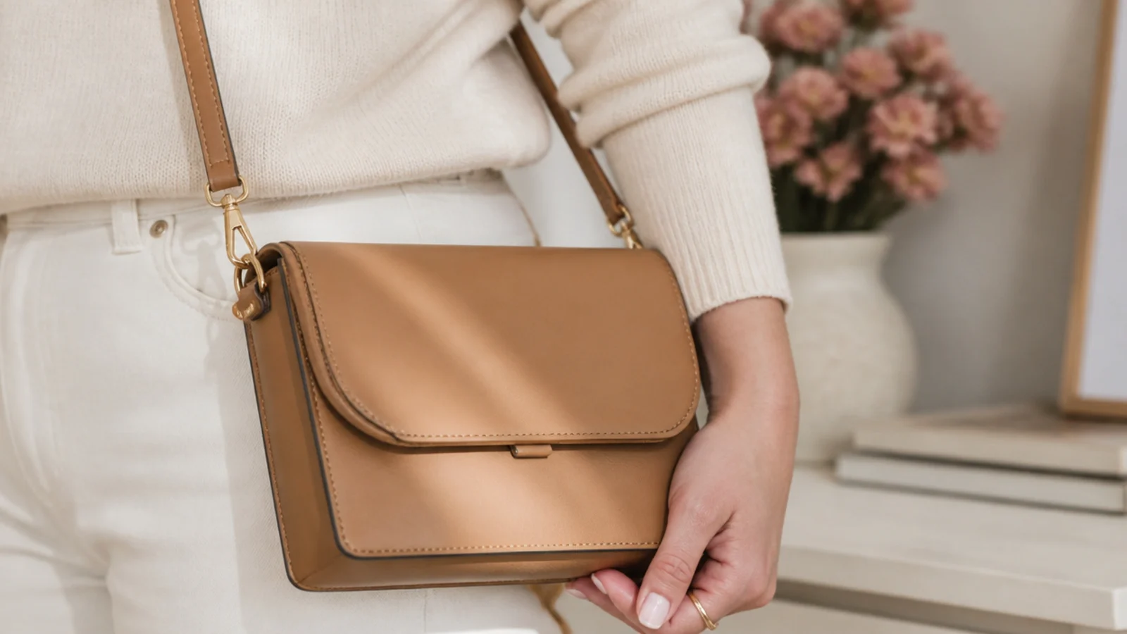 Faceless shot of a structured tan leather crossbody bag with gold hardware held at the side