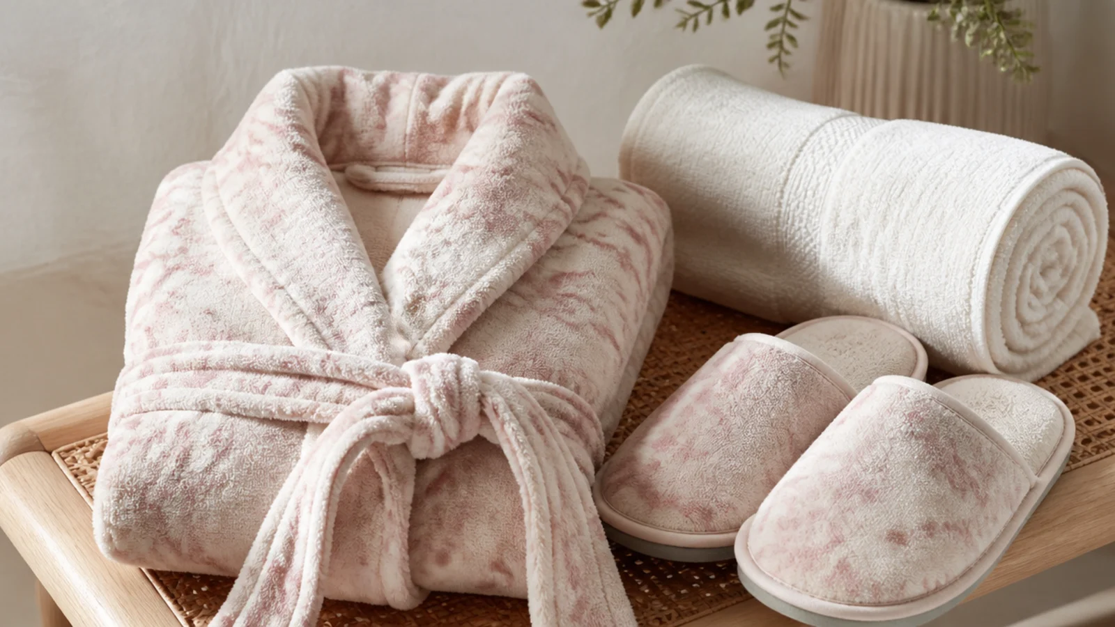 Faceless shot of a folded spa robe and slippers on a bench beside a rolled towel