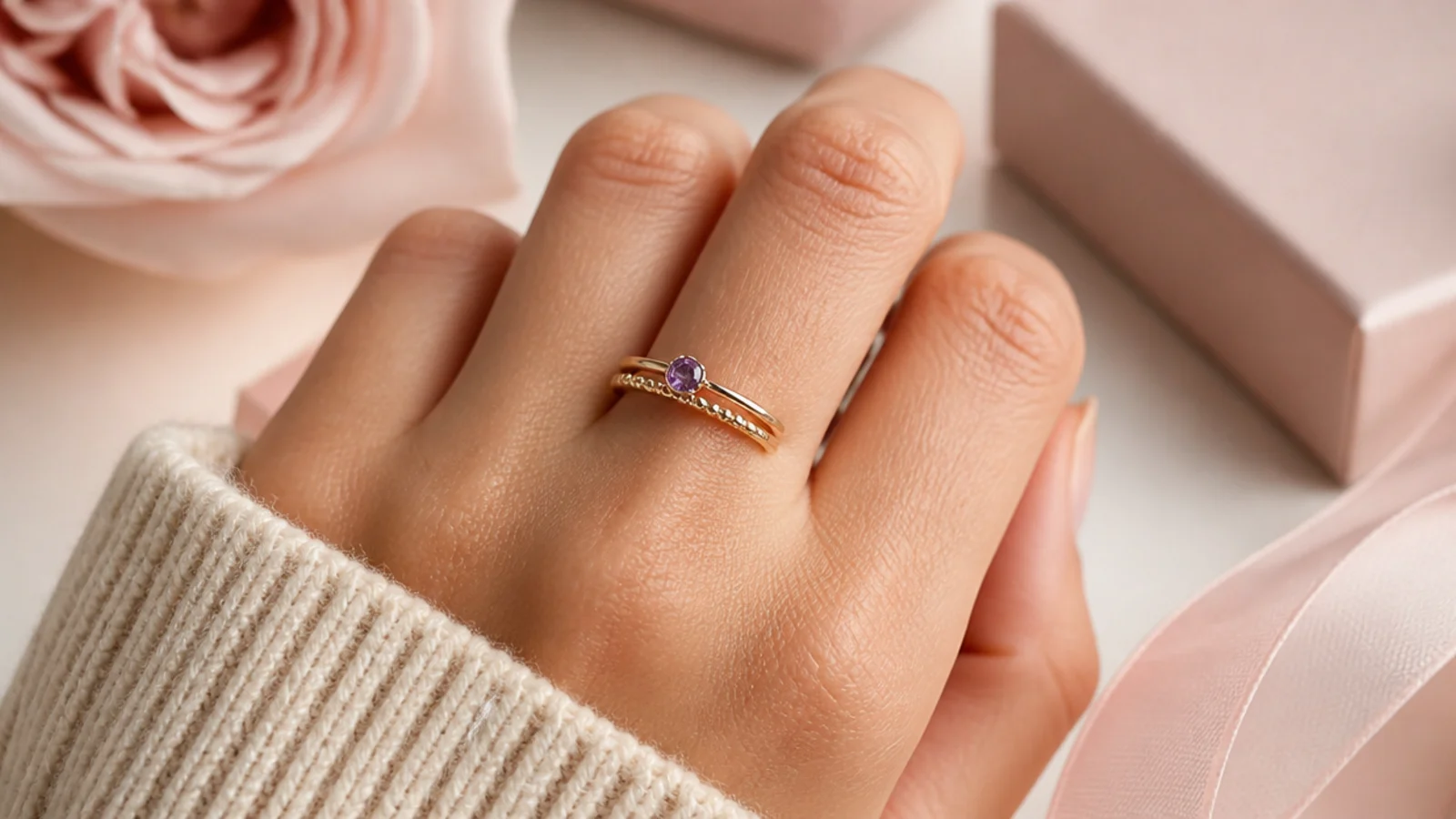 Faceless close-up of a thin gold stacking ring set with a small birthstone on a hand