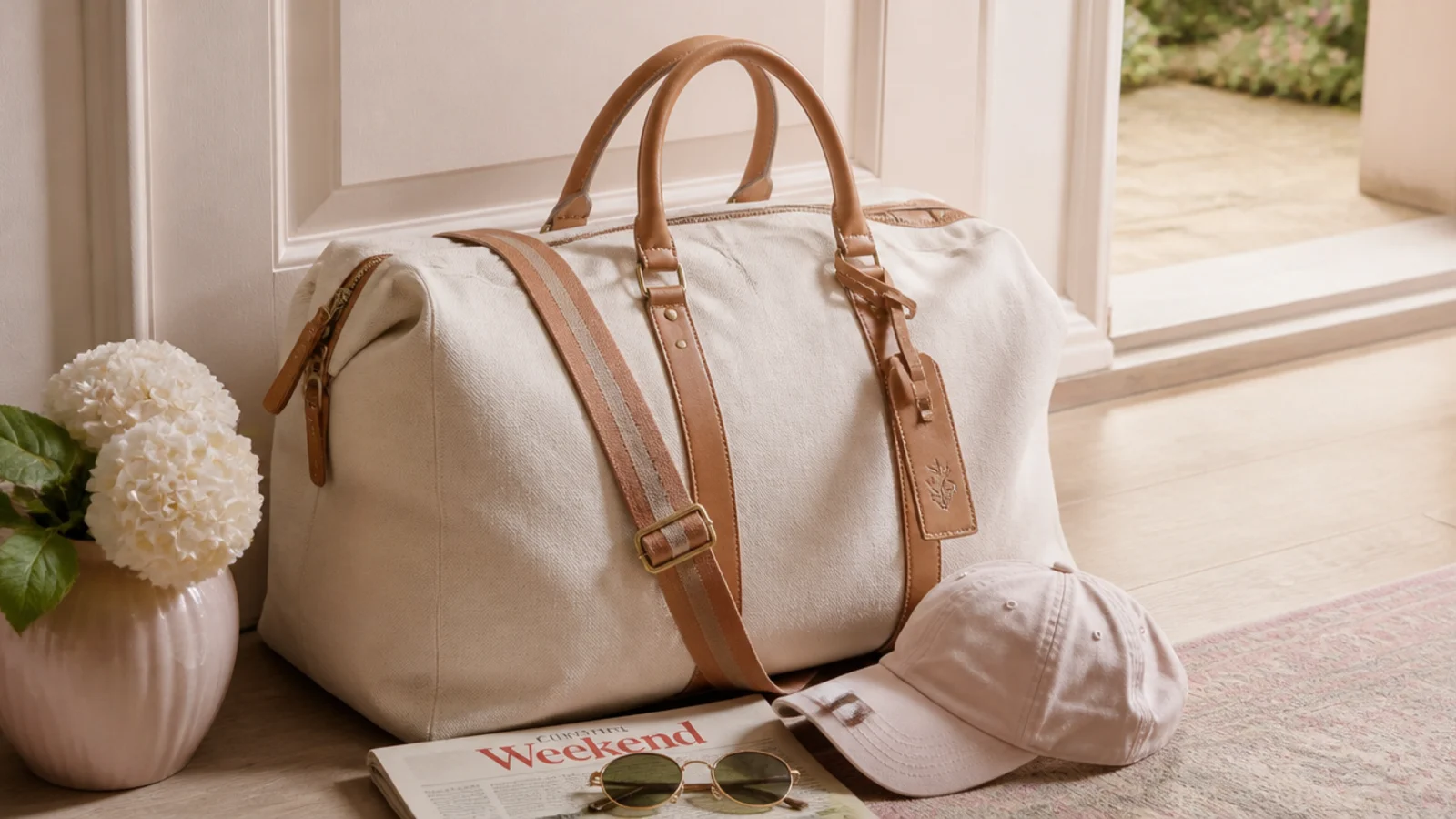 Faceless shot of a canvas weekender bag with tan leather trim standing by a doorway