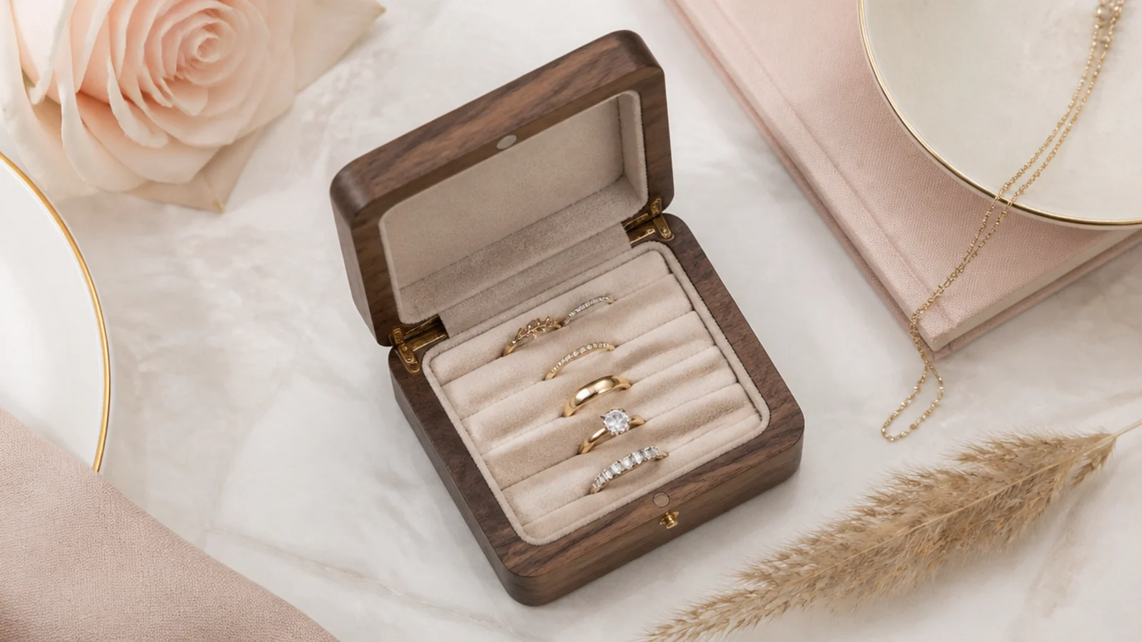 Faceless overhead shot of an open walnut jewelry box with a soft-lined tray holding rings
