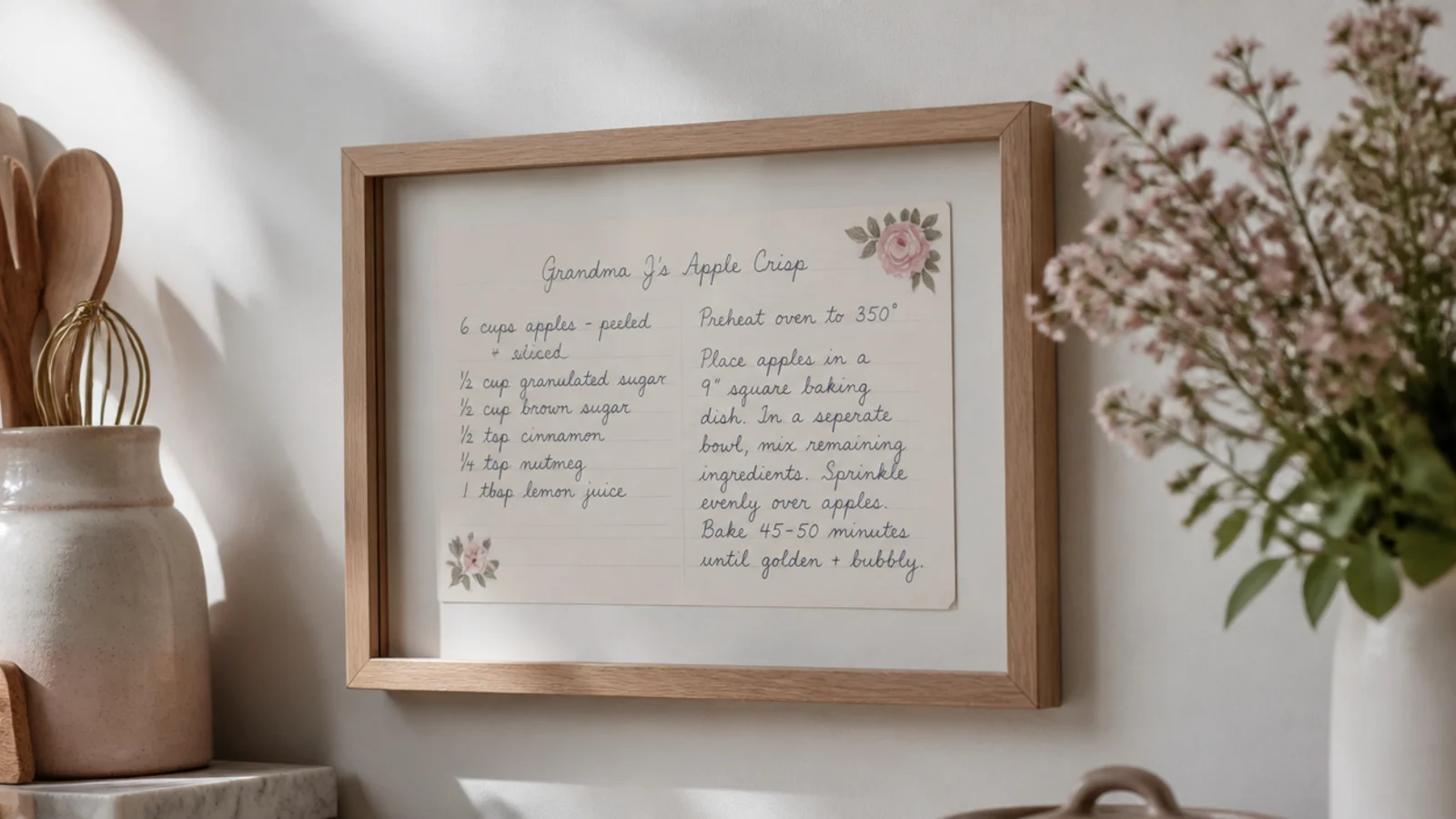 Faceless shot of a framed handwritten recipe card in a slim oak frame on a kitchen wall