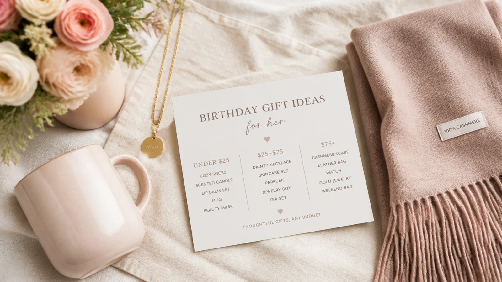 Faceless flat-lay of birthday gift ideas for her sorted by budget, a ceramic mug, gold necklace and folded cashmere scarf on cream linen