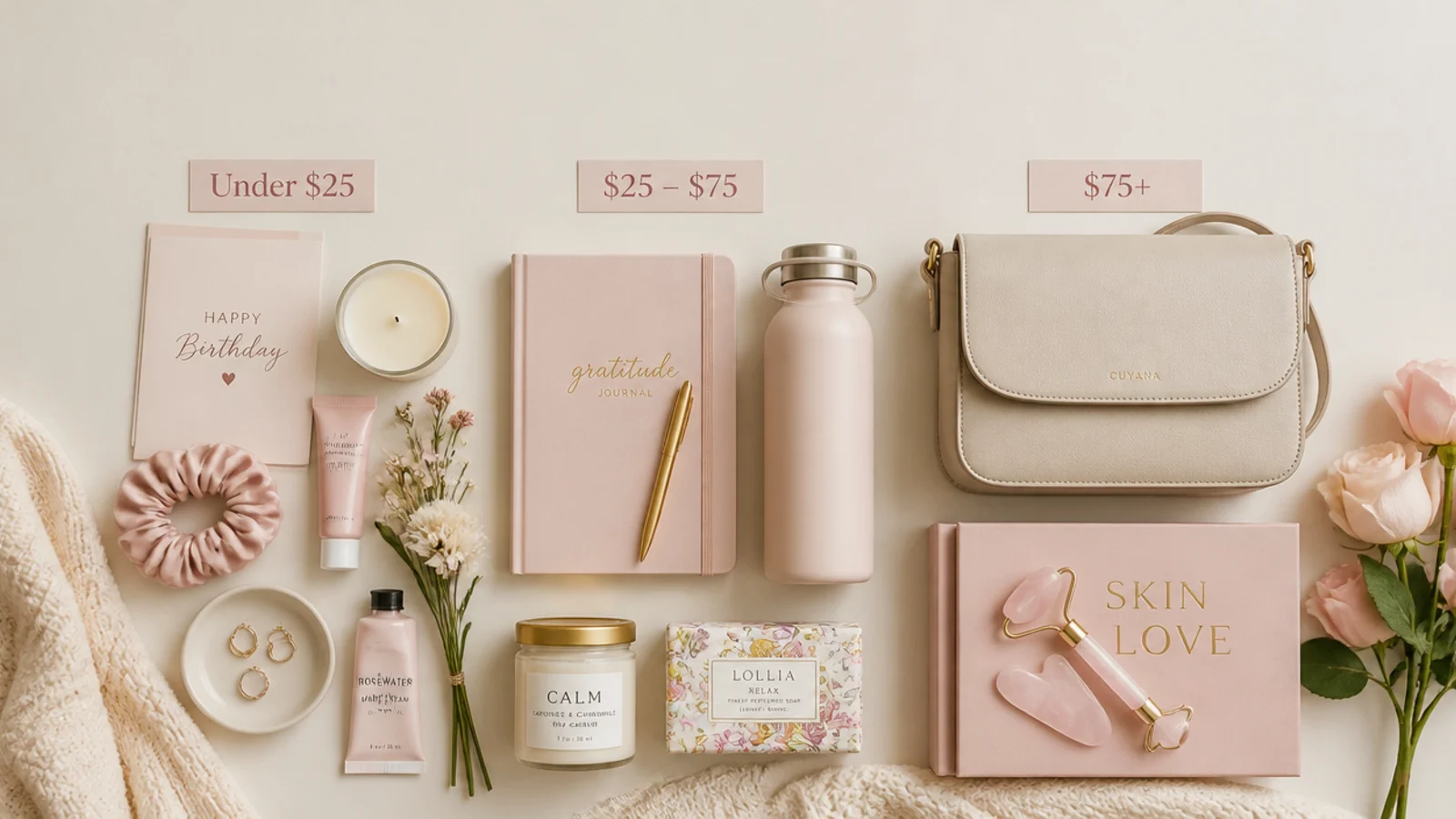 Faceless flat-lay of birthday gifts for her arranged by price tier on a neutral background