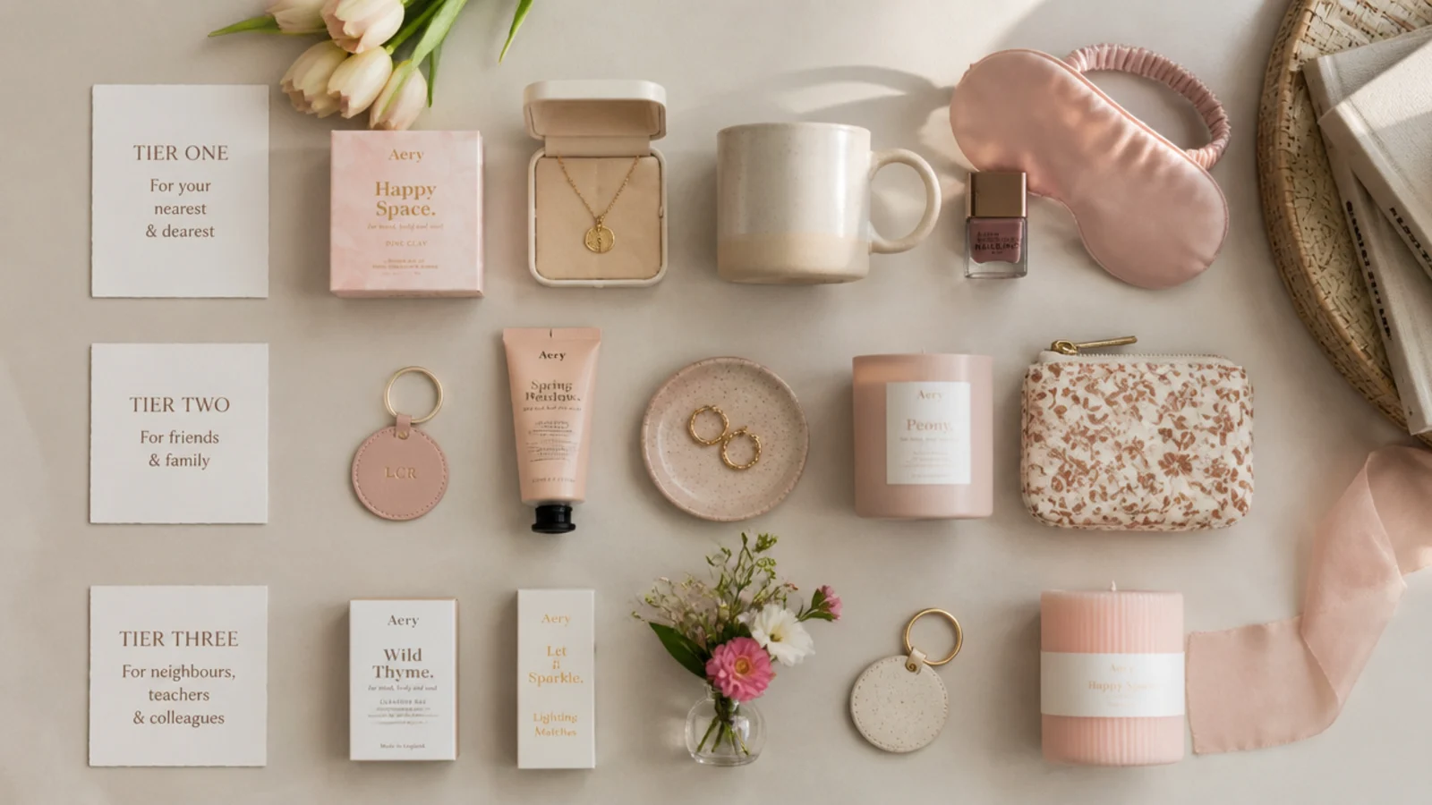Faceless flat-lay grouping small gifts into tiers by relationship on a neutral surface