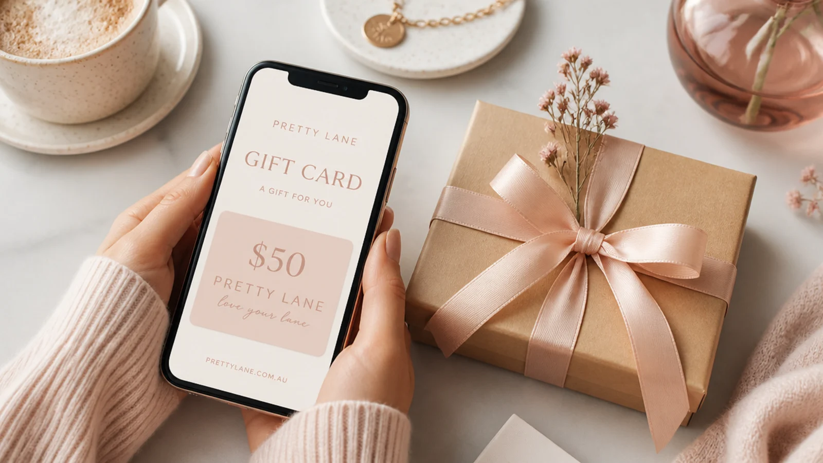 Faceless shot of a phone showing a digital gift card beside a small wrapped parcel