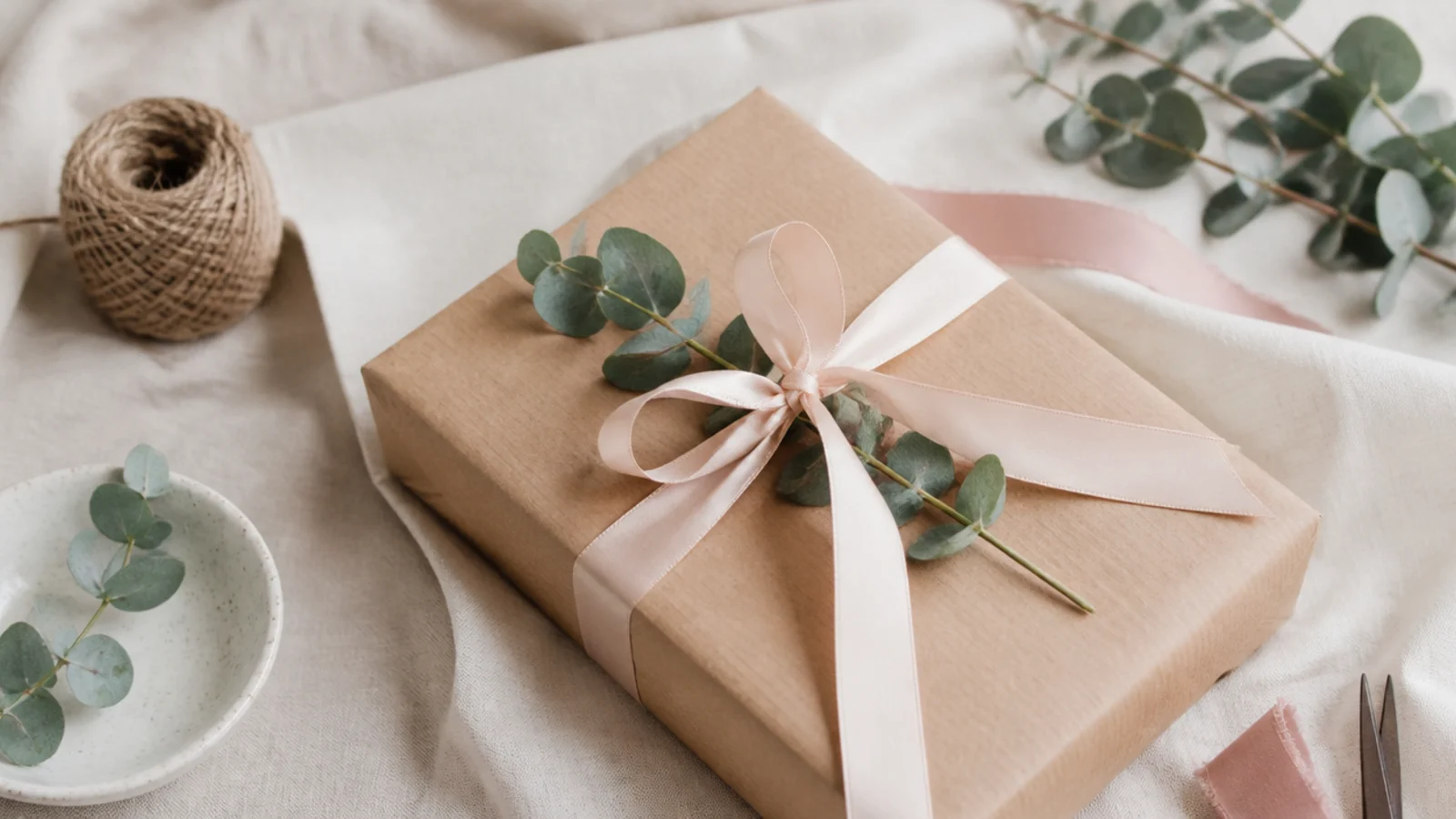 Faceless shot of a neatly wrapped gift in kraft paper tied with ribbon and a sprig of eucalyptus