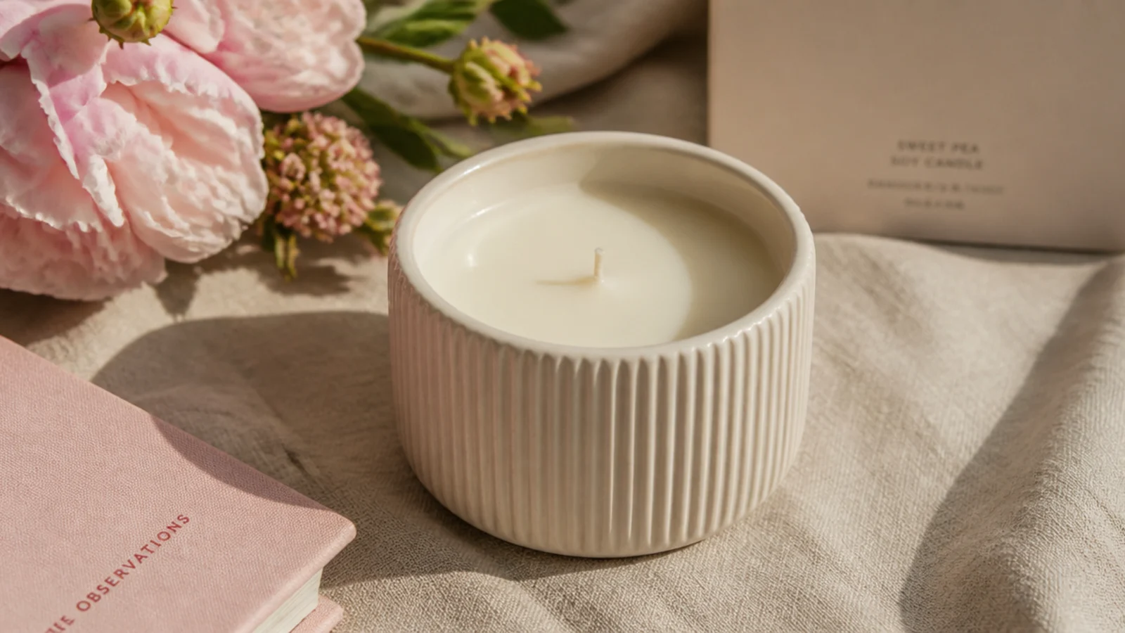 Faceless close-up of a cream ribbed soy candle jar on a linen surface
